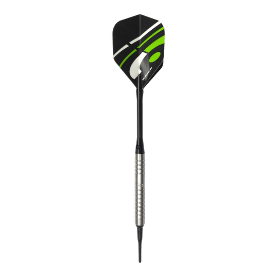 Freccette morbide McDart 85 Tungsten V16 - 16,5 g Das Bild zeigt einen McDart 85er Tungsten V16 Softdart mit einem Gewicht von 16,5g. Der Dart besitzt einen silbernen, gerillten Barrel und schwarze sowie grüne Akzente auf dem Flight.