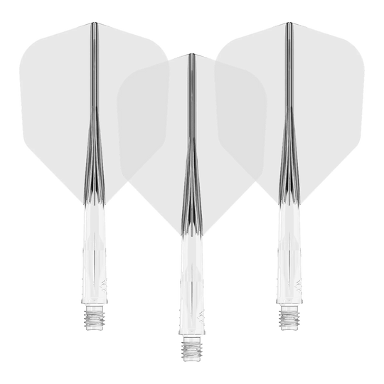 Sistema di alberi di volo Mission Force 90 No6 - Trasparente Auf dem Bild sind drei klare Dart-Flights mit passenden transparenten Schäften zu sehen. Sie sind nebeneinander angeordnet und zeigen eine einheitliche, schlichte Optik.