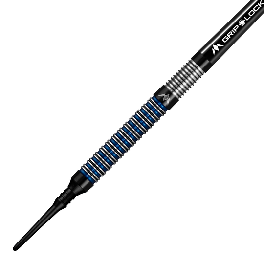 Freccette morbide Mission Nightfall Model 1 Das Bild zeigt einen Mission Nightfall Model 1 Softdart mit einem schwarzen und blauen Ringdesign am Griff. Der Dart besitzt eine feine Riffelung für besseren Halt und eine schwarze Softspitze.