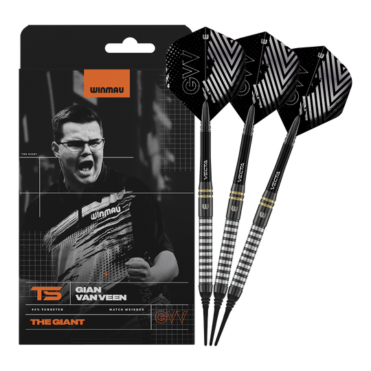 Winmau Gian Van Veen TS freccette morbide - 18g Winmau Gian Van Veen TS Softdarts mit 18g werden komplett dargestellt. Alle drei Darts sind zusammen zu sehen.