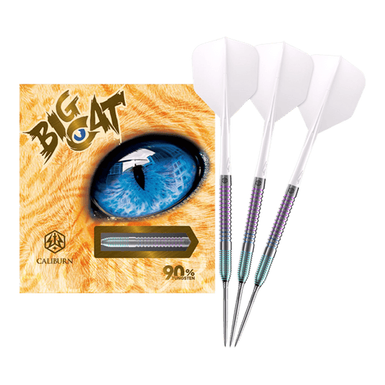 Frecce in acciaio Caliburn Big Cats Ocelot Caliburn Big Cats Ozelot Steeldarts mit einem Gewicht von 23g. Das Bild zeigt die gesamte Länge des Dartpfeils.