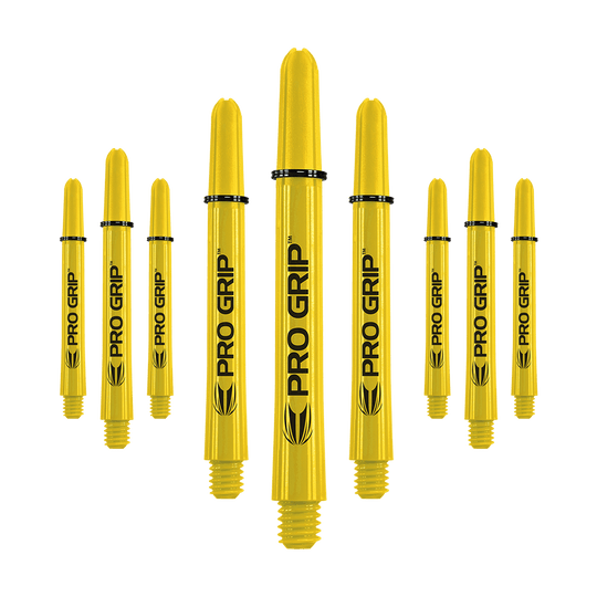 Target Pro Grip Shafts - 3 set - Giallo Das Bild zeigt neun gelbe Dartschäfte mit der Aufschrift "PRO GRIP". Sie sind in drei Reihen angeordnet und haben schwarze Ringe zur Befestigung.