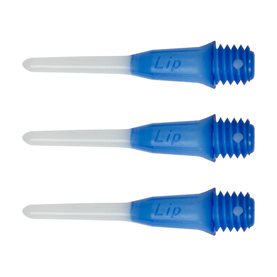 SLIPPTT-BL_L-Style_Two_Tone_Short_Lippoints_Dark_Blue_-30er_Pack Das Bild zeigt drei blaue und weiße Dartspitzen der Marke "L-Style Two Tone Short Lippoints". Sie sind speziell für Softdarts konzipiert und tragen den Schriftzug "Lip".
