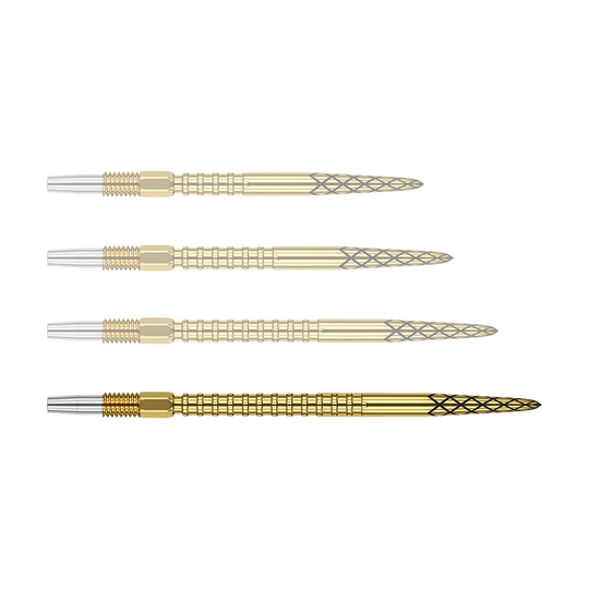 Punte per freccette Target Swiss DS Surge Point - Oro Das Bild zeigt vier goldene Dartspitzen mit einem silbernen Gewinde. Die Spitzen haben ein schwarz eingraviertes Rautenmuster.
