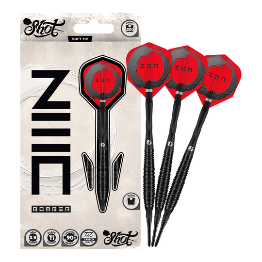 Freccette morbide Shot ZEN Bomber - 20 g Zu sehen sind die Shot ZEN Bomber Softdarts - 20g. Sie zeichnen sich durch ihre spezielle Form und das ansprechende Aussehen aus.