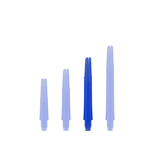 Alberi a L bloccati dritti - Blu Auf dem Bild sind vier blaue, gerade Dartschäfte in unterschiedlichen Längen zu sehen. Sie stehen aufrecht nebeneinander auf weißem Hintergrund.