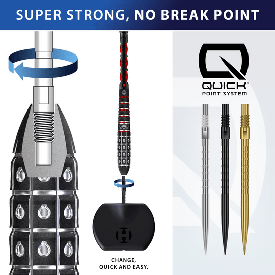 Harrows Quick Point Heavy Metal Dartspitzen in Schwarz sind abgebildet. Sie werden für das Dartspiel genutzt.