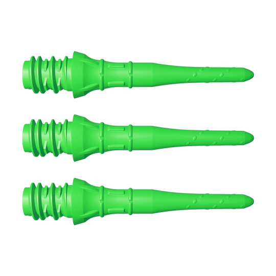 L-Style Premium Lippoints Short (30er Pack) Das Bild zeigt drei kurze, grüne Dartspitzen in einer Reihe. Sie sind identisch und haben ein leuchtendes Neon-Grün.