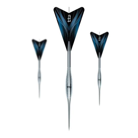 Das Bild zeigt die Caliburn TTD Complete Titanium T2 Silver Steeldarts - 6g als Set. Es handelt sich um hochwertige Steeldarts aus Titan mit einem Gewicht von 6 Gramm.