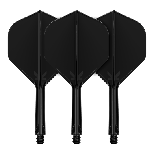 Target K-Flex No2 Standard Flight System - Nero Das Bild zeigt drei schwarze Dartflights mit integrierten Schäften. Sie sind nebeneinander angeordnet und haben ein schlichtes, einfarbiges Design.