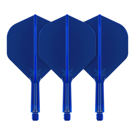 Target K-Flex No2 Standard Flight System - Blu Auf dem Bild sind drei blaue Dart-Flights zu sehen. Sie stehen nebeneinander und haben eine standardmäßige Form.