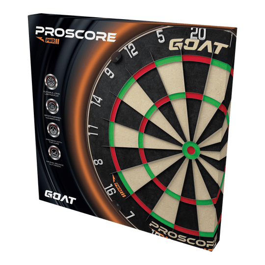 Bersaglio per freccette in acciaio GOAT Proscore PWR Die Abbildung zeigt das Produkt „GOAT Proscore PWR Steeldartboard“ in seiner Verpackung. Auf der Box sind das Dartboard und verschiedene Produkthighlights sichtbar.