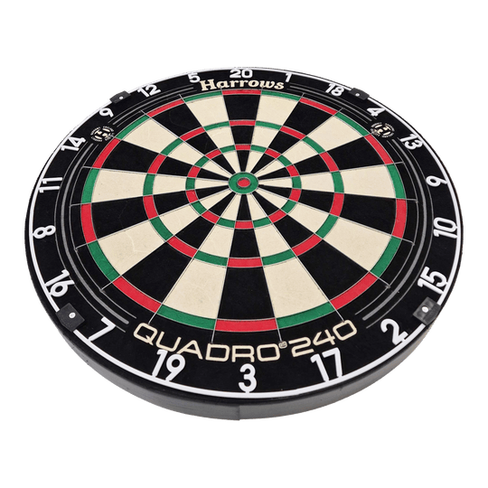 Bersaglio per freccette in acciaio Harrows Quadro 240 Das Bild zeigt das Steeldartboard "Harrows Quadro 240". Die Dartscheibe ist rund und in verschiedene farbige Segmente unterteilt.