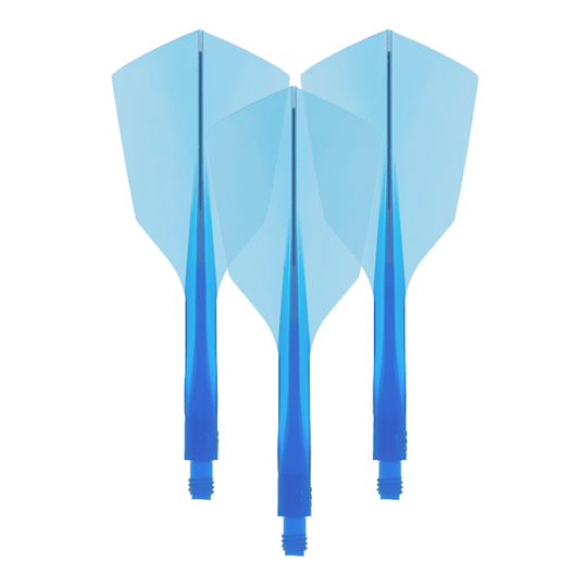 Condor Ax 120 Flight System Clear Blue - Stretto Das Bild zeigt drei blaue Dart-Flights mit integriertem Schaft. Es handelt sich um das Produkt "Condor Axe 120 Flight-System Clear Blue - Narrow".