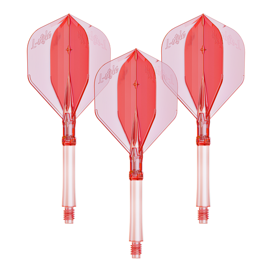 Ein Set mit großen klar roten Dart-Flights aus dem L-System. Praktisch für Dartspieler, die ihre Ausrüstung verbessern möchten.