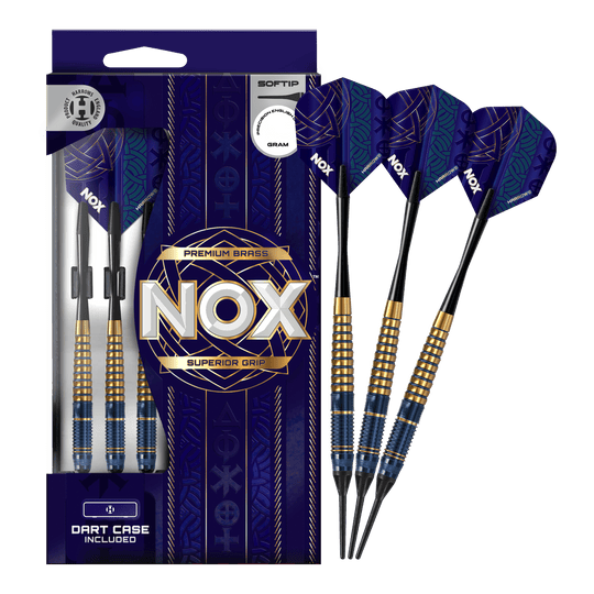 Freccette morbide in ottone premium Harrows Nox Das Bild zeigt die Harrows Nox Premium Brass Softdarts. Es handelt sich um hochwertige Dartpfeile für Softdart-Spieler.