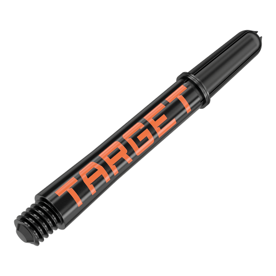 Das Bild zeigt einen schwarzen Dartshaft mit orangefarbener Aufschrift "TARGET". Der Shaft ist aus Kunststoff und hat ein Schraubgewinde am unteren Ende.