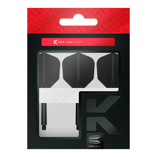 Sistema di volo Target K-Flex No6 - Nero Dieses Bild zeigt eine Packung mit schwarzen Dart-Flights und Schäften von der Marke Target. Die Verpackung ist überwiegend schwarz mit einem roten Abschnitt oben und trägt die Aufschrift "K Flex No6 Shape".