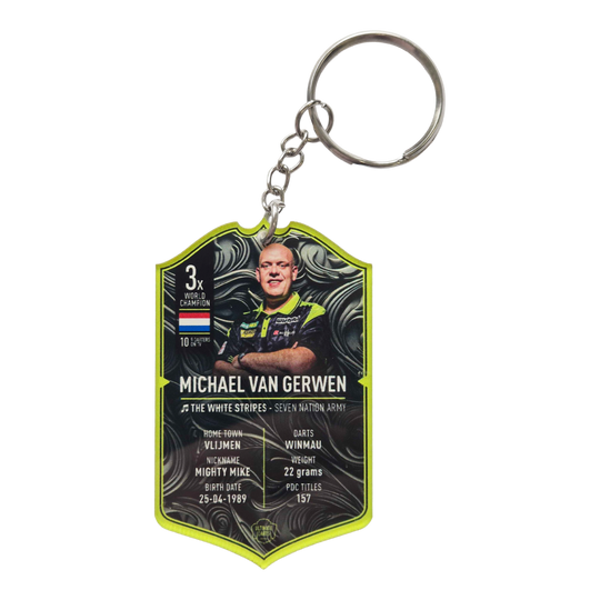 Portachiavi con carte Ultimate Darts - Michael Van Gerwen Ultimate Darts Card Schlüsselanhänger - Michael Van Gerwen ist zu sehen. Der Schlüsselanhänger zeigt ein Motiv des berühmten Dartspielers Michael Van Gerwen.
