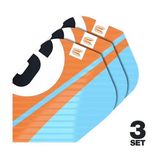 Alette Target Pro Ultra Chicane Orange No6 - 3 set Das Bild zeigt drei Sets von Target Pro Ultra Chicane Orange No6 Flights für Dartpfeile. Die Flights sind in Orange, Blau und Schwarz gestaltet und tragen das Target-Logo.