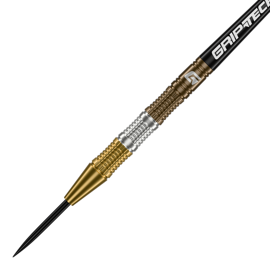 Freccette in acciaio al tungsteno GOAT Ceremony Dies ist ein GOAT Ceremony Tungsten Steeldart mit einem goldenen und silbernen Griffbereich. Auf dem Schaft steht das Wort "GRIPTECH".