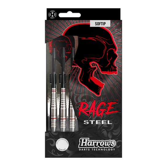 Freccette morbide Harrows Rage Das Bild zeigt eine Packung Harrows Rage Softdarts mit drei silbernen Darts. Auf der Verpackung ist ein roter Totenkopf und der Schriftzug "Rage" auffällig zu sehen.