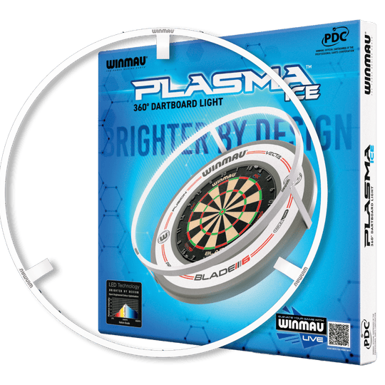 PACCHETTO Illuminazione a LED e surround Winmau Plasma Ice Das Bild zeigt das Produkt "Winmau Plasma Ice LED Beleuchtung und Surround Bundle". Auf der Verpackung ist ein beleuchteter Dartboard-Ring mit dazugehörigem Dartboard abgebildet.