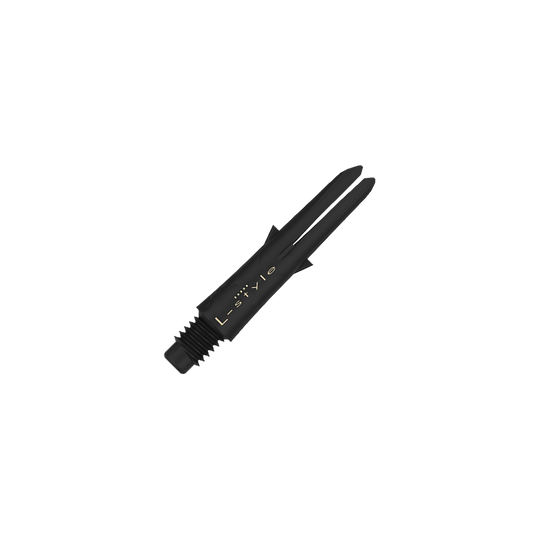 Aste in carbonio stile L Das Bild zeigt einen schwarzen Dart-Schaft aus Carbon mit der Aufschrift "L-style". Der Schaft ist ohne Kappen und hat ein Gewinde am unteren Ende.