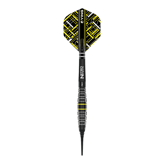 Freccette morbide Red Dragon Astraeus Q4X Torpedo - 20 g Das Bild zeigt den Red Dragon Astraeus Q4X Torpedo Softdart mit einem Gewicht von 20g. Der Dart hat ein modernes Design mit schwarzen und gelben Akzenten.