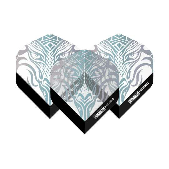 Voli standard trasparenti metallizzati Pentathlon HD150 Das Bild zeigt die Pentathlon HD150 Metallic Clear Standard Flights mit einem stilisierten, tierischen Gesichtsmuster. Die Flights sind größtenteils durchsichtig mit silbernen und metallischen Akzenten sowie schwarzem Rand unten.