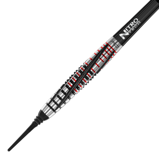 Freccette morbide Red Dragon Rifle - 20 g Das Bild zeigt einen Red Dragon Rifle Softdart mit einem Gewicht von 20 Gramm. Der Dartpfeil hat ein silbernes und schwarzes Design mit roten Akzenten.