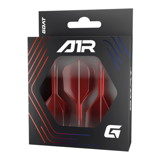 Sistema di alberi di volo GOAT A1R No6 - Rosso Die Abbildung zeigt das Produkt "GOAT A1R No6 Flight-Shaft-System – Rot" in seiner Verpackung. Im Sichtfenster der Schachtel sind drei rote Dart-Flights und -Schäfte zu sehen.