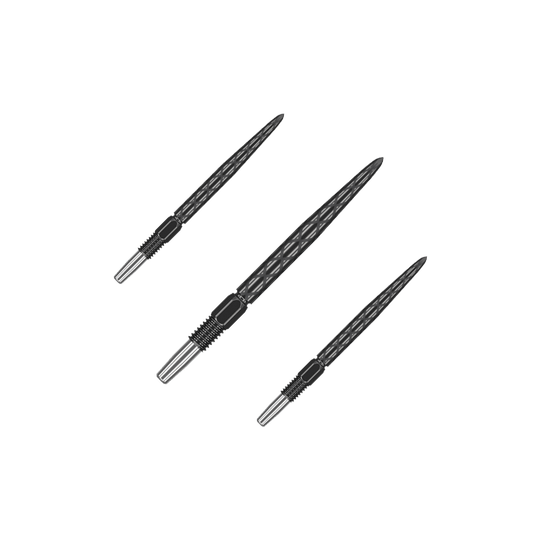 Punte per freccette Target Swiss Diamond Pro Black Points Das Bild zeigt drei schwarze Dartspitzen mit silbernem Ende. Die Spitzen haben ein Rautenmuster und sind nebeneinander angeordnet.