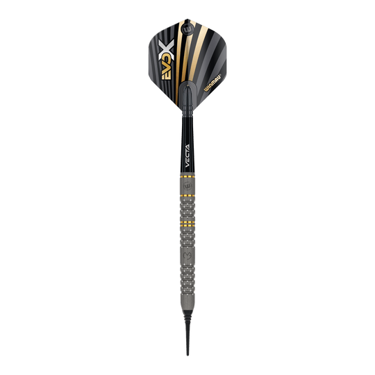 Freccette morbide Winmau Michael Van Gerwen Evo-X - 20g Das Bild zeigt einen Winmau Michael Van Gerwen Evo-X Softdart mit einem Gewicht von 20g. Der Dart hat ein modernes Design mit schwarz-goldenen Akzenten und einer strukturierten Griffzone.