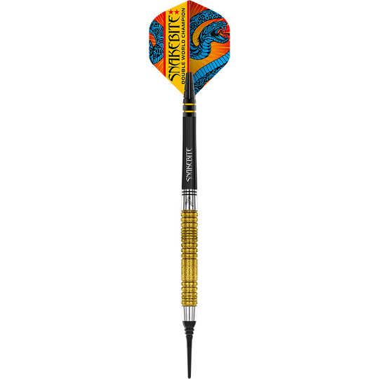 Red Dragon Peter Wright Doppio Campione del Mondo SE Gold Plus Softdarts - 20g Das Bild zeigt einen Softdart mit goldfarbenem Griff und bunter Spitze. Auf dem Flight steht "Snakebite Double World Champion" und es ist ein blauer Drache abgebildet.
