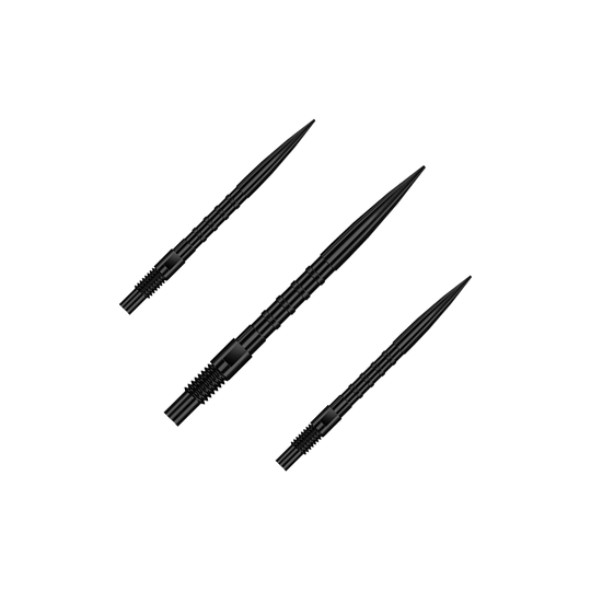 Punte per freccette Harrows Quick Point Heavy Metal - Nere Zu sehen ist QP33164 Harrows Quick Point HeavyMetalGrip Dartspitzen Schwarz 26mm 1Set. Es handelt sich um schwarze Ersatz-Dartspitzen mit speziellem Grip.