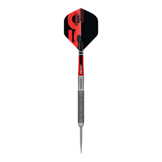 Red Dragon 50 Year Collection Element 6 B freccette in acciaio - 24 g Red Dragon 50 Year Collection Element 6 B Steeldarts - 24g in Nahaufnahme. Das Bild zeigt das Design und die Details des Steeldarts.