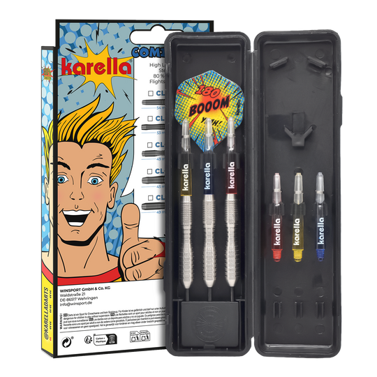 Freccette in acciaio Karella Comic Line CL-3 - 24 g Die Abbildung zeigt die Karella Comic Line CL-3 Steeldarts mit einem Gewicht von 24g. Die Darts sind für den professionellen Einsatz geeignet und haben ein ansprechendes Design.