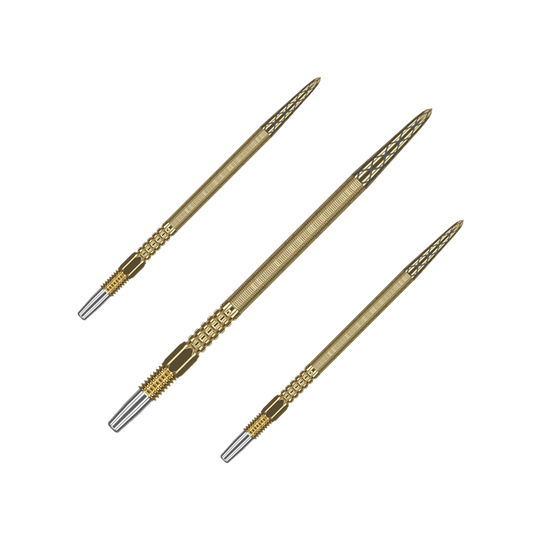 Punte per freccette Target Swiss Point DX - oro Das Bild zeigt drei goldene Dartspitzen mit feiner Gravur. Sie sind in einer Reihe nebeneinander angeordnet und haben silberne Endstücke.