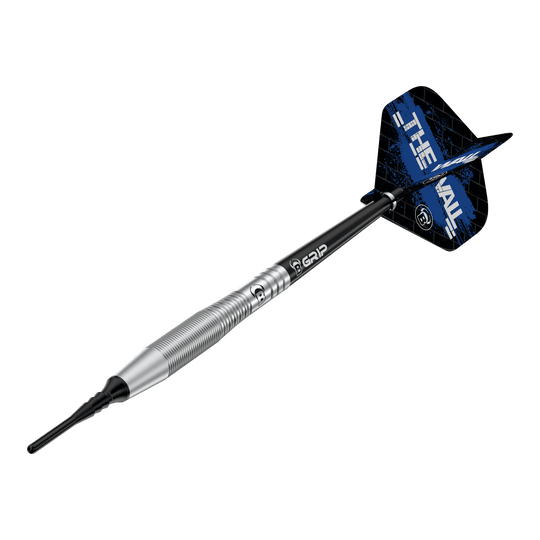 Freccette morbide Bulls Martin Schindler TW80 - 18 g Auf dem Bild ist der Bulls Martin Schindler TW80 Softdart mit einem Gewicht von 18g zu sehen. Der Dart hat ein silbernes Barrel und schwarze Flights mit blauem Design.