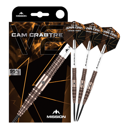Freccette Mission Cam Crabtree V2 in acciaio al tungsteno al 95% Das Bild zeigt die Mission Cam Crabtree V2 Steeldarts in voller Ansicht. Es handelt sich um ein Set von Steeldarts, präsentiert von vorne.