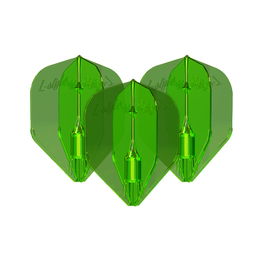 Alette Fantom L3EZ stile L verdi Das Bild zeigt drei grüne L-Style Fantom L3EZ Flights für Dartpfeile. Die Flights sind durchsichtig und haben eine glänzende Oberfläche.