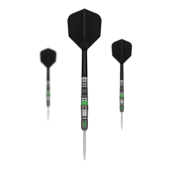 Freccette in acciaio Target Japan Black Marque Lightning 3 SP Das Bild zeigt drei Target Japan Black Marque Lightning 3 SP Steeldarts mit schwarzem Flight und silber-grünem Barrel. Die Darts sind modern gestaltet und besitzen eine schlanke, spitze Spitze.
