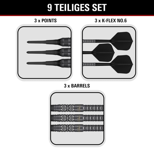 Freccette morbide Target Black Marque Creed - 21,5 g Produktbild der Target Black Marque Creed Softdarts mit einem Gewicht von 21,5g. Die Darts sind auf hellem Hintergrund abgebildet.