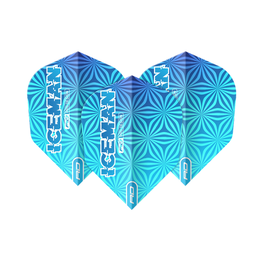 Voli Red Dragon Gerwyn Price Iceman Blue No6 Das Bild zeigt drei blaue Dart-Flights mit geometrischem Muster und der Aufschrift "ICEMAN". Die Flights tragen das Logo "Red Dragon" und sind das Modell "Gerwyn Price Iceman Blue No6".