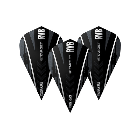 TG58_331780_Target_Ultra_Ghost_RvB_Vapor_Flights_1QEU0GMmfyUfNT Das Bild zeigt drei Dart-Flights des Modells "Target Ultra Ghost RvB Vapor Flights". Sie sind schwarz mit weißen und grauen Akzenten sowie dem Schriftzug "RVB" und "TARGET".