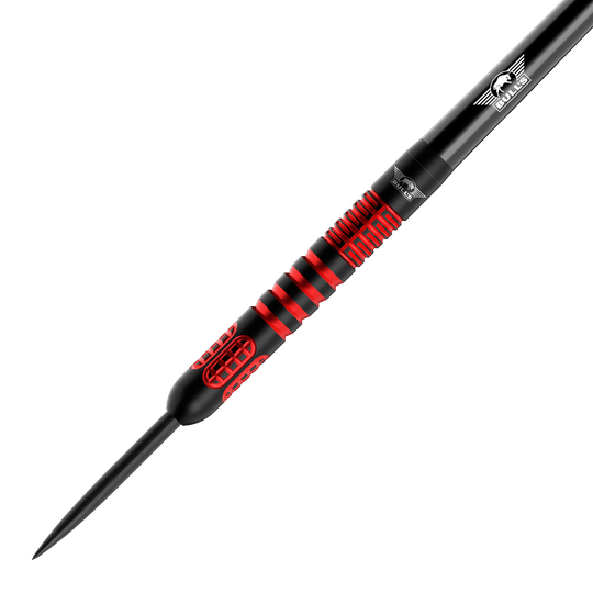 Auf dem Bild sind die Bulls NL Stefan Bellmont 90 Steeldarts 23g zu sehen. Diese Steeldarts sind besonders präzise und für professionelle Dartspieler geeignet.