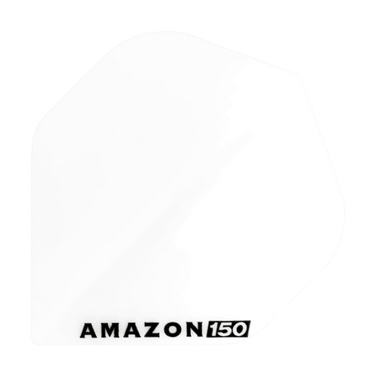 Amazon 150 voli - Bianco Das Bild zeigt ein weißes Dartflight mit der Aufschrift "AMAZON 150" in schwarzer Farbe. Das Flight hat eine klassische, schlichte Form und ist komplett einfarbig.