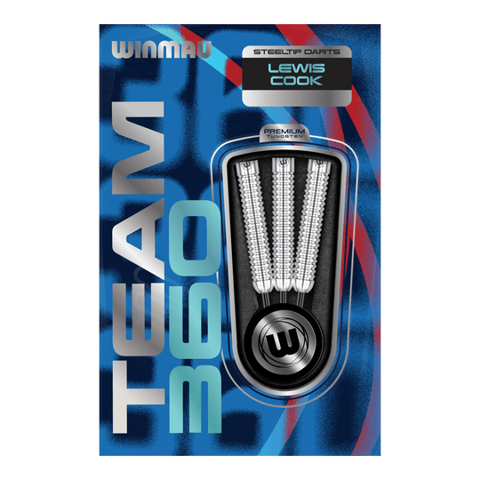 Freccette in acciaio Winmau Team 360 Lewis Cook - 23 g Das Bild zeigt Winmau Team 360 Lewis Cook Steeldarts mit einem Gewicht von 23g. Die Steeldarts sind detailliert von der Seite abgebildet.