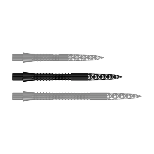 Punte per freccette Mission Caliburn EVO con logo GV - Nero Das Bild zeigt schwarze Steeldartspitzen mit einer Länge von 32 mm. Es handelt sich um die Mission Caliburn EVO GV-Logo Steeldartspitzen.
